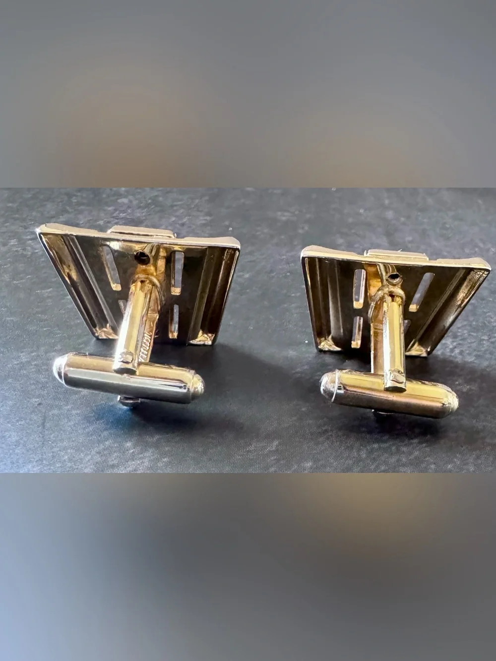 Vintage Anson Cufflinks Tie Clip Bar Set MCM Gold Tone Black Onyx Rhinestone USA